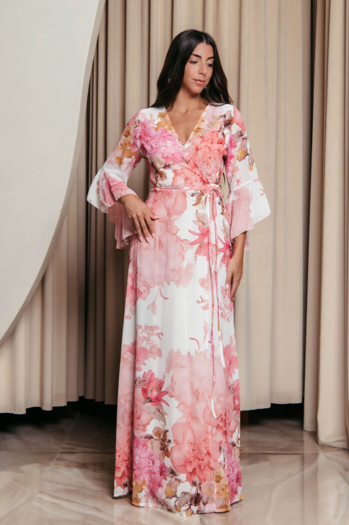 Φόρεμα maxi κιμονό κρουαζέ με ροζ floral print λευκό