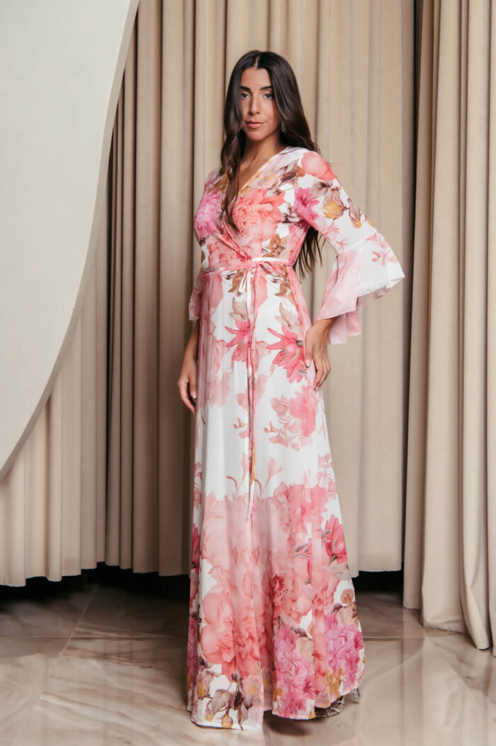 Φόρεμα maxi κιμονό κρουαζέ με ροζ floral print λευκό