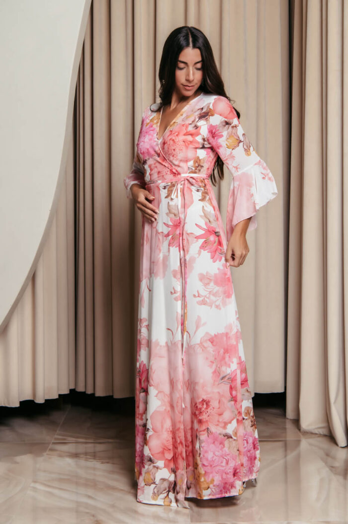 Φόρεμα maxi κιμονό κρουαζέ με ροζ floral print λευκό