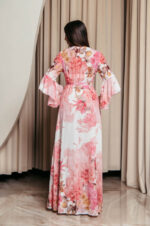 Φόρεμα maxi κιμονό κρουαζέ με ροζ floral print λευκό