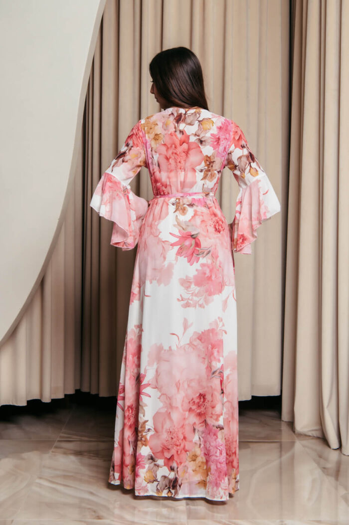 Φόρεμα maxi κιμονό κρουαζέ με ροζ floral print λευκό