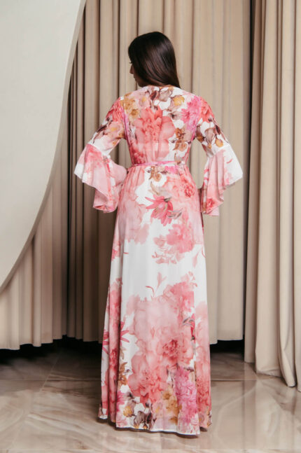 Φόρεμα maxi κιμονό κρουαζέ με ροζ floral print λευκό