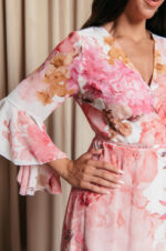 Φόρεμα maxi κιμονό κρουαζέ με ροζ floral print λευκό