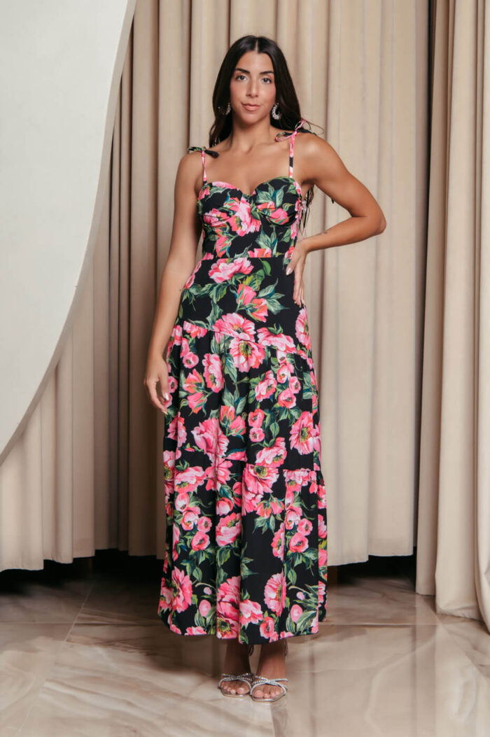 Φόρεμα midi με floral print και επίπεδα μαύρο