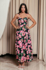 Φόρεμα midi με floral print και επίπεδα μαύρο