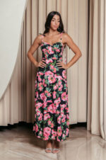 Φόρεμα midi με floral print και επίπεδα μαύρο