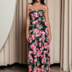 Φόρεμα midi με floral print και επίπεδα μαύρο