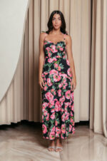 Φόρεμα midi με floral print και επίπεδα μαύρο