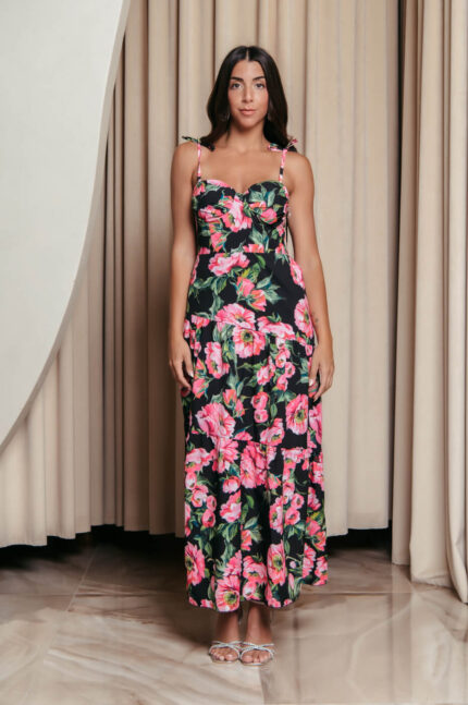 Φόρεμα midi με floral print και επίπεδα μαύρο