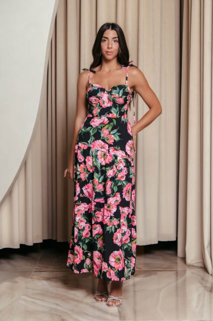 Φόρεμα midi με floral print και επίπεδα μαύρο