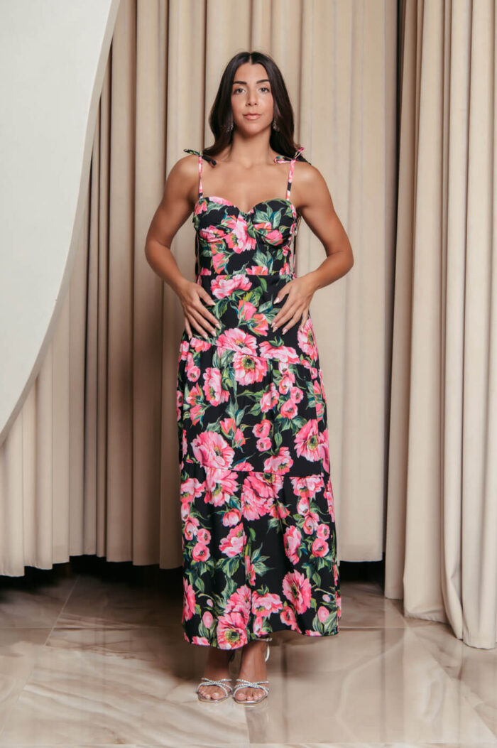 Φόρεμα midi με floral print και επίπεδα μαύρο