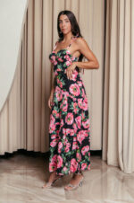 Φόρεμα midi με floral print και επίπεδα μαύρο