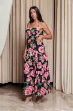 Φόρεμα midi με floral print και επίπεδα μαύρο