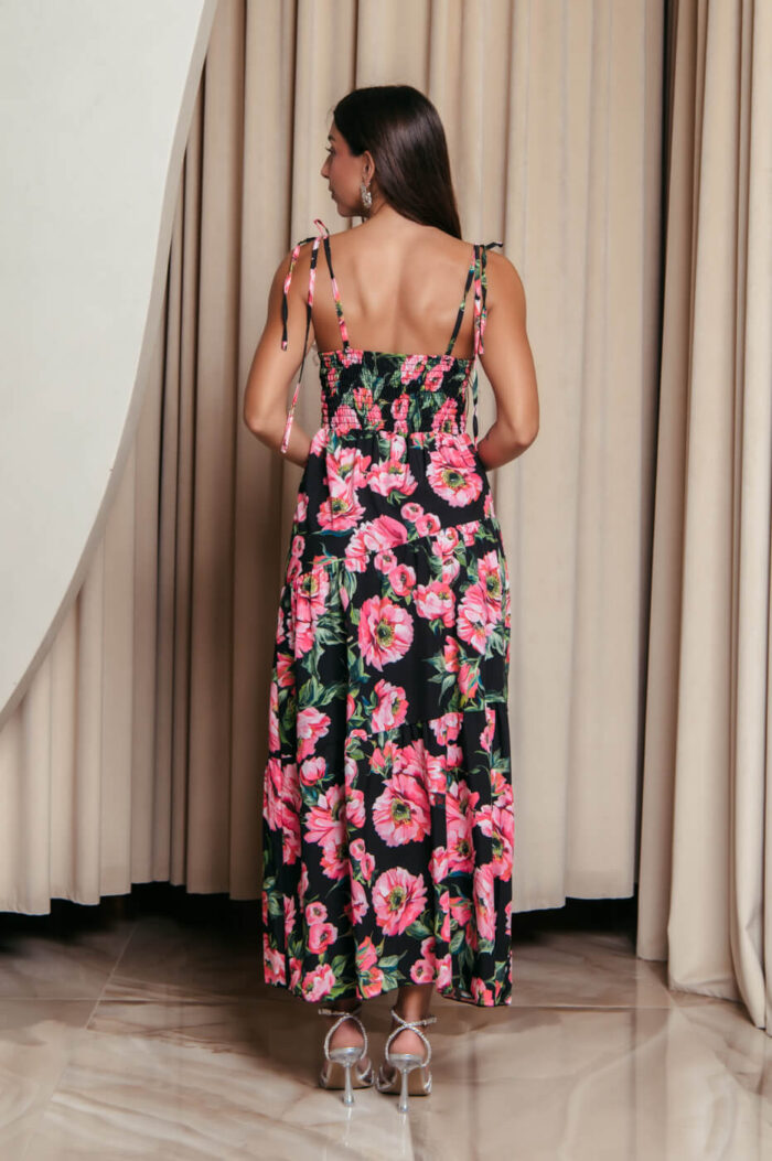 Φόρεμα midi με floral print και επίπεδα μαύρο