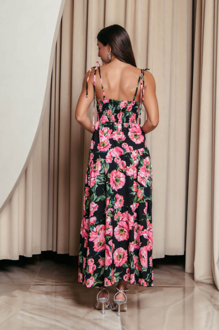 Φόρεμα midi με floral print και επίπεδα μαύρο