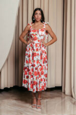 Φόρεμα midi με floral print και χοντρές τιράντες λευκό