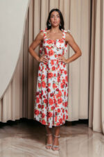 Φόρεμα midi με floral print και χοντρές τιράντες λευκό