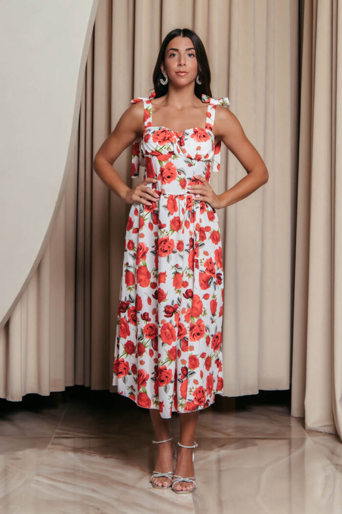 Φόρεμα midi με floral print και χοντρές τιράντες λευκό