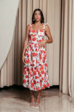 Φόρεμα midi με floral print και χοντρές τιράντες λευκό