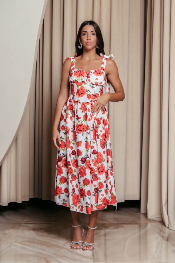 Φόρεμα midi με floral print και χοντρές τιράντες λευκό