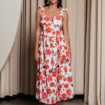 Φόρεμα midi με floral print και χοντρές τιράντες λευκό