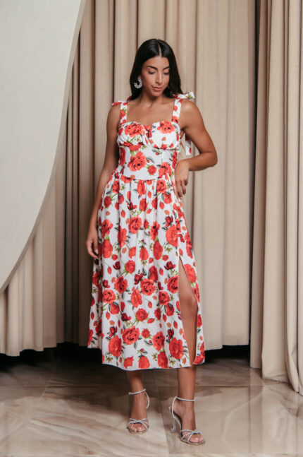 Φόρεμα midi με floral print και χοντρές τιράντες λευκό