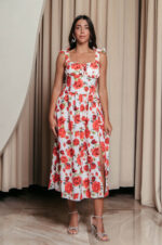 Φόρεμα midi με floral print και χοντρές τιράντες λευκό