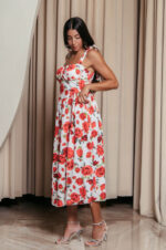 Φόρεμα midi με floral print και χοντρές τιράντες λευκό