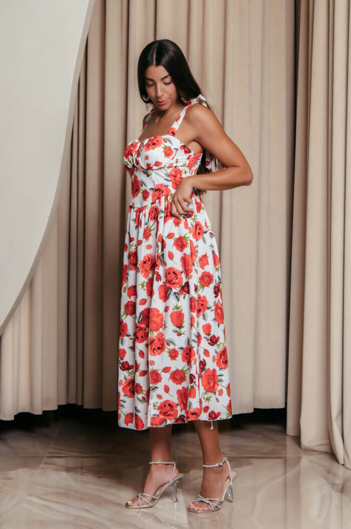Φόρεμα midi με floral print και χοντρές τιράντες λευκό