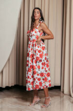 Φόρεμα midi με floral print και χοντρές τιράντες λευκό