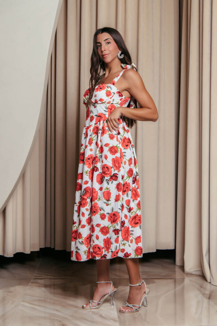 Φόρεμα midi με floral print και χοντρές τιράντες λευκό