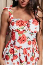 Φόρεμα midi με floral print και χοντρές τιράντες λευκό