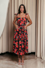 Φόρεμα midi με floral print και χοντρές τιράντες μαύρο