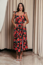 Φόρεμα midi με floral print και χοντρές τιράντες μαύρο