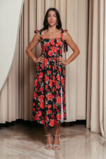 Φόρεμα midi με floral print και χοντρές τιράντες μαύρο