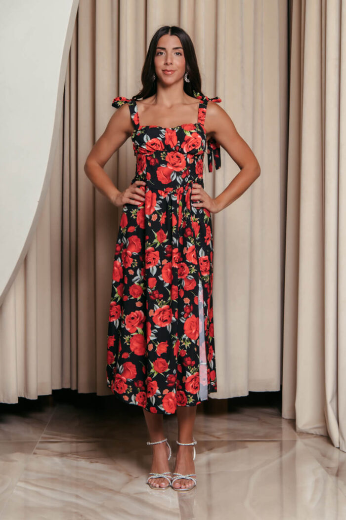 Φόρεμα midi με floral print και χοντρές τιράντες μαύρο