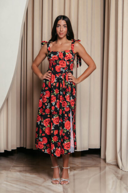 Φόρεμα midi με floral print και χοντρές τιράντες μαύρο