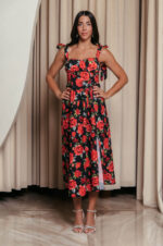 Φόρεμα midi με floral print και χοντρές τιράντες μαύρο