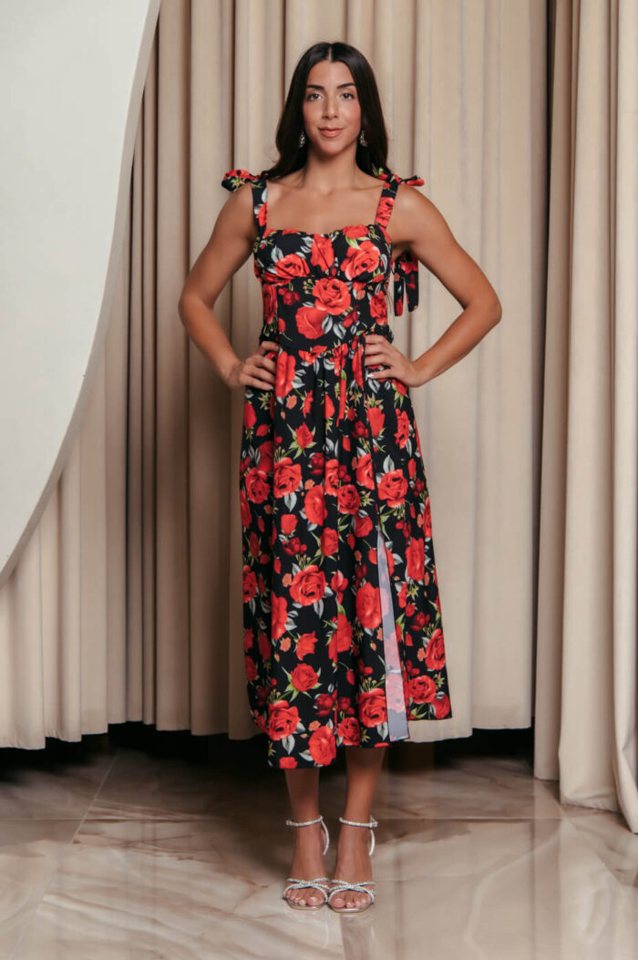 Φόρεμα midi με floral print και χοντρές τιράντες μαύρο