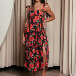 Φόρεμα midi με floral print και χοντρές τιράντες μαύρο