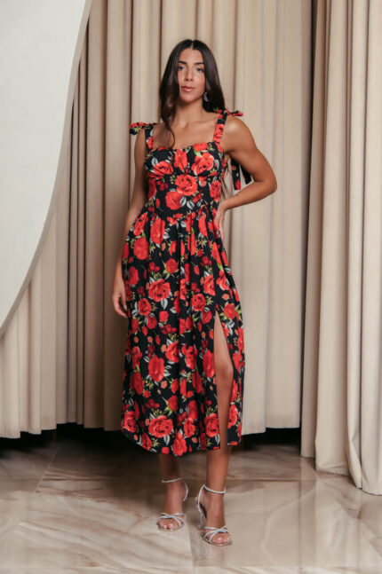 Φόρεμα midi με floral print και χοντρές τιράντες μαύρο