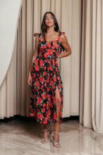 Φόρεμα midi με floral print και χοντρές τιράντες μαύρο