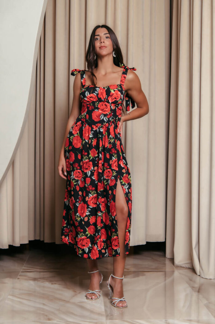 Φόρεμα midi με floral print και χοντρές τιράντες μαύρο