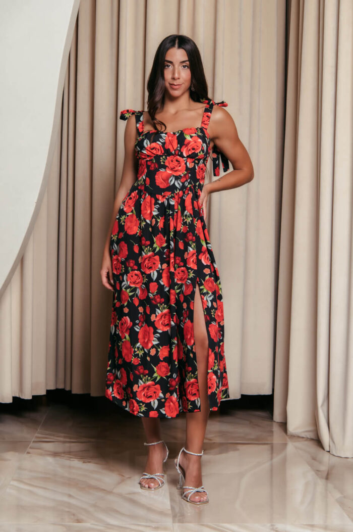 Φόρεμα midi με floral print και χοντρές τιράντες μαύρο