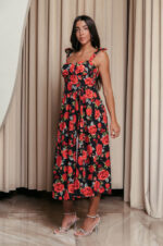 Φόρεμα midi με floral print και χοντρές τιράντες μαύρο