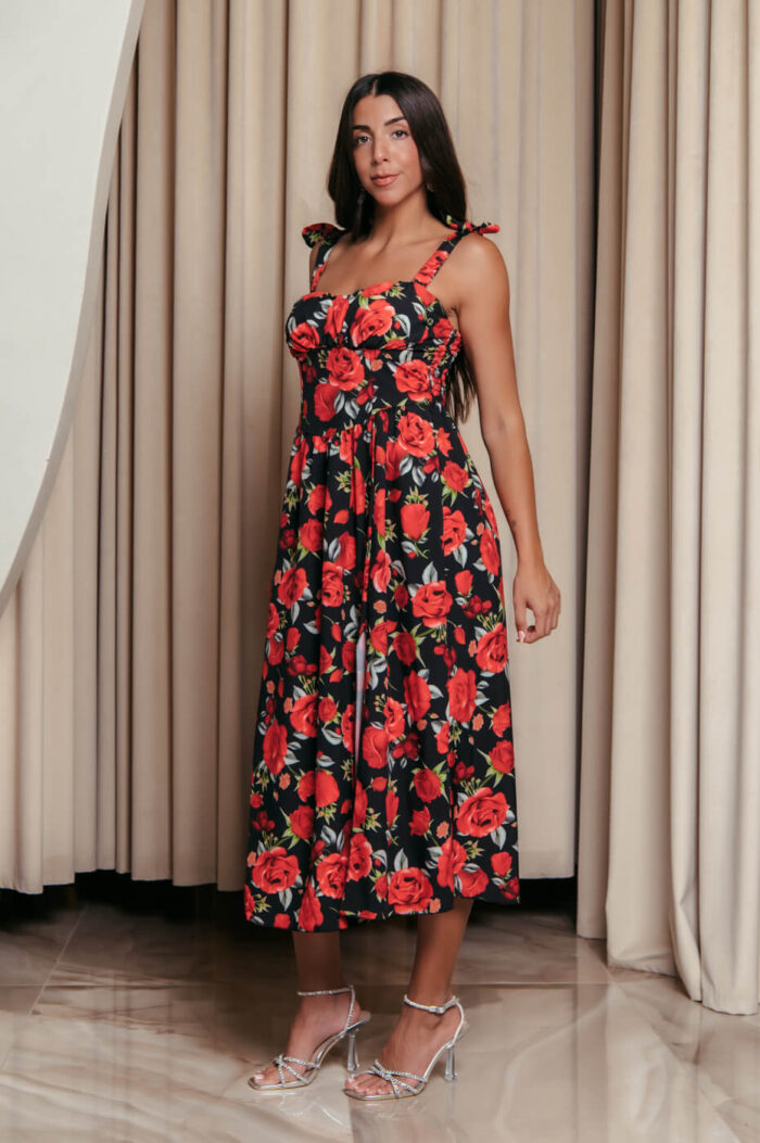 Φόρεμα midi με floral print και χοντρές τιράντες μαύρο