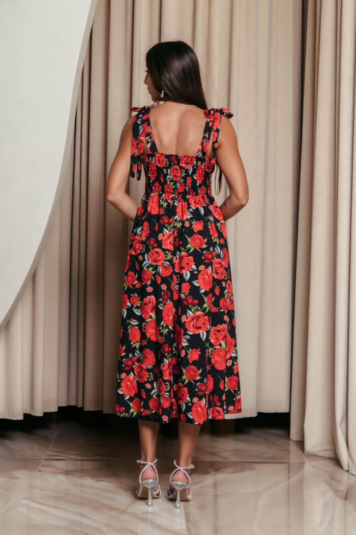 Φόρεμα midi με floral print και χοντρές τιράντες μαύρο