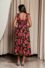 Φόρεμα midi με floral print και χοντρές τιράντες μαύρο