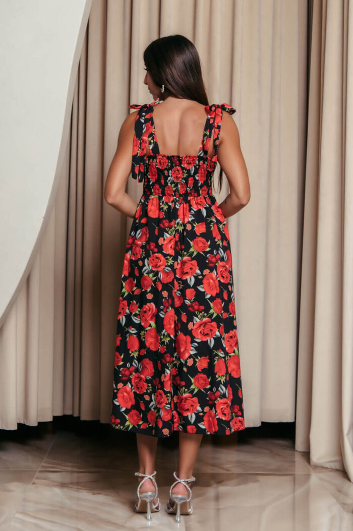 Φόρεμα midi με floral print και χοντρές τιράντες μαύρο