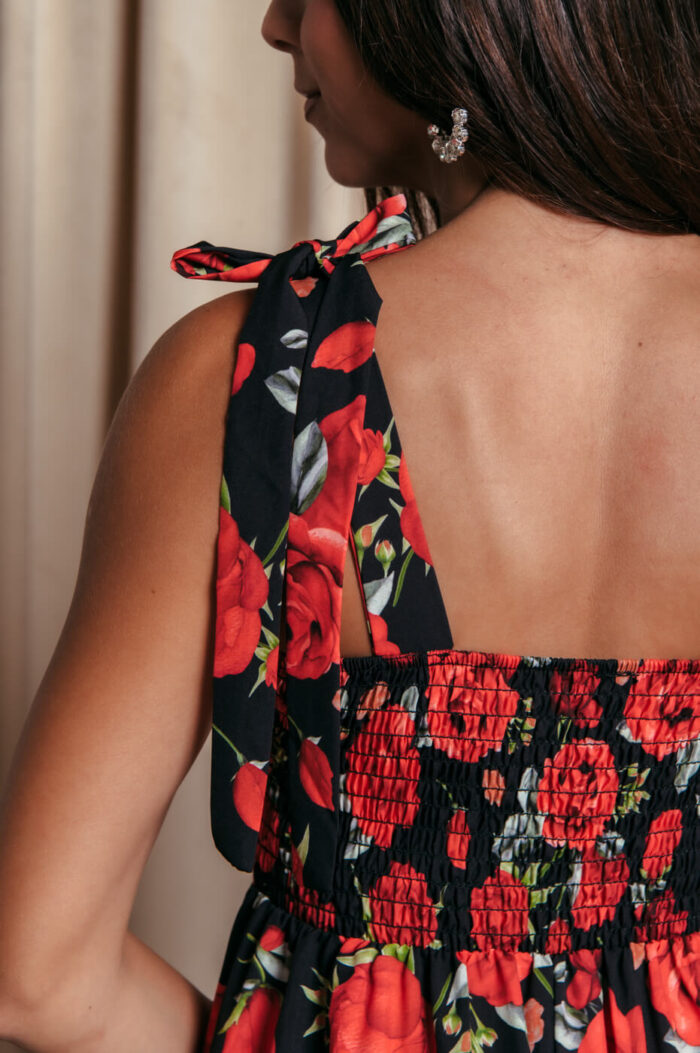 Φόρεμα midi με floral print και χοντρές τιράντες μαύρο